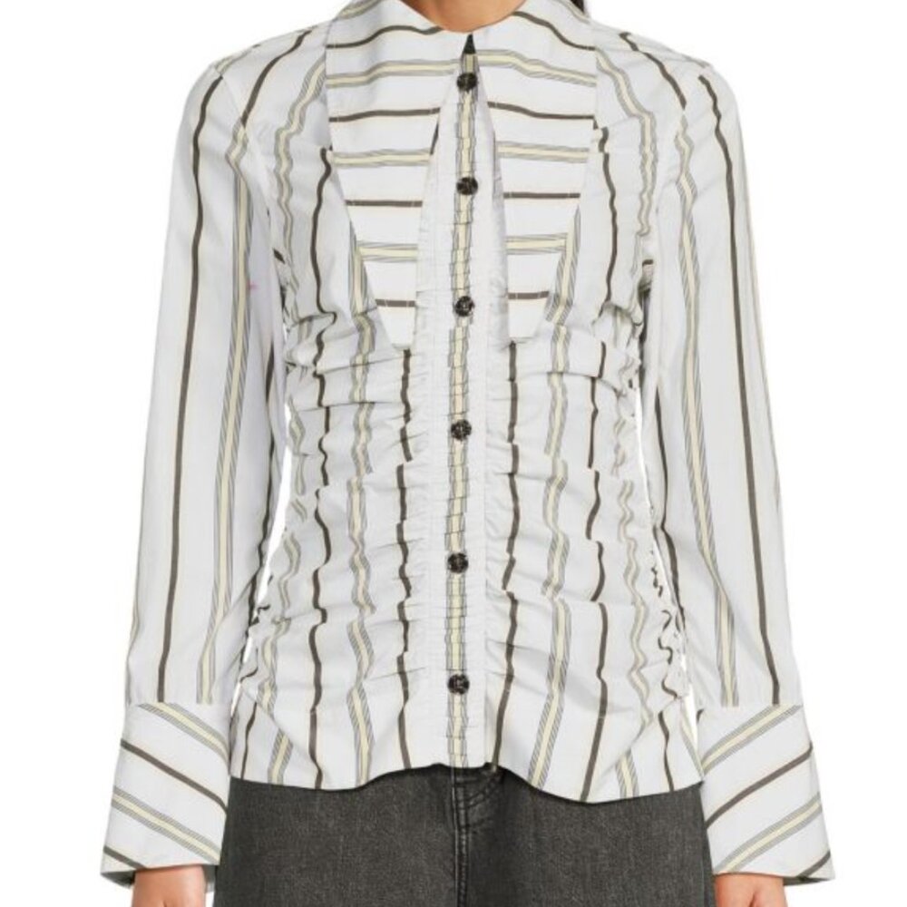 GANNI Ruched striped cotton-poplin shirt